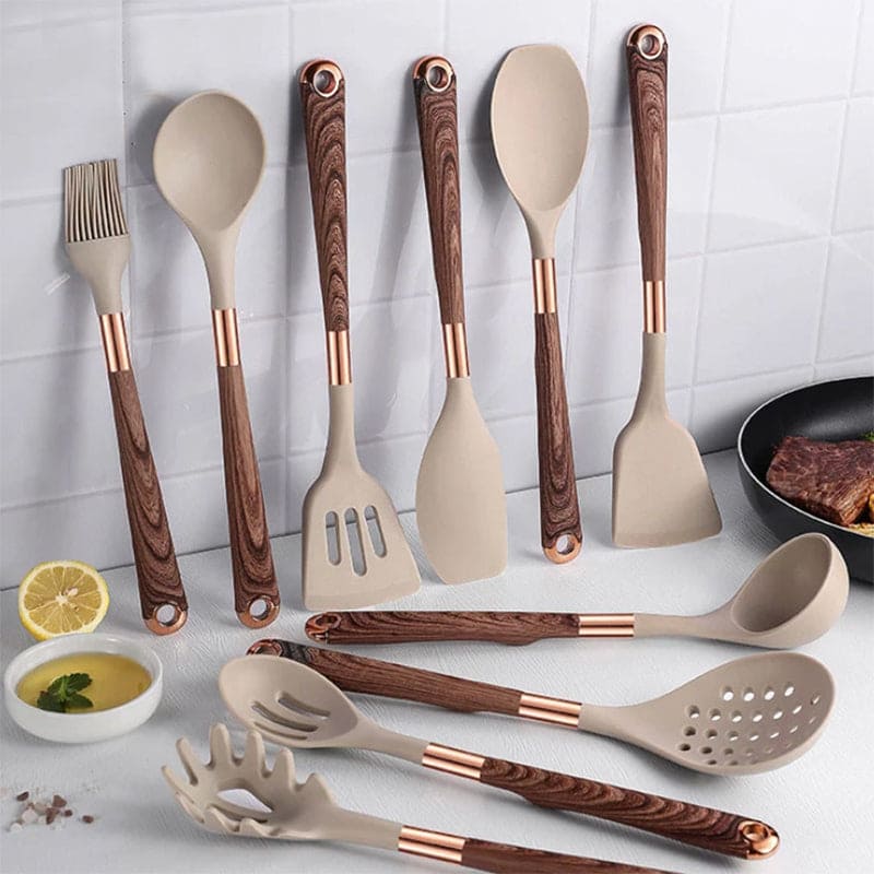 Food-safe Silicone Kitchen Utensils with Wooden Handle - KitchenElegance-State of Style