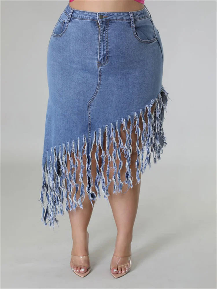 Fringed Plus Size Denim Skirt – Flattering & Stylish-Black-XL-State of Style