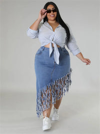 Fringed Plus Size Denim Skirt – Flattering & Stylish-Black-XL-State of Style