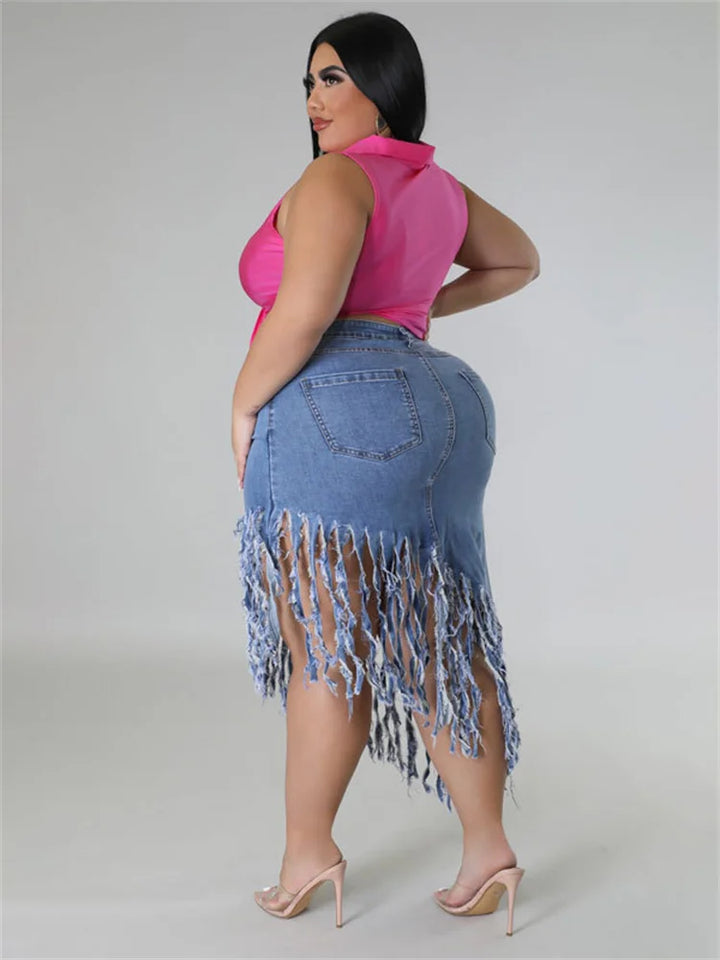 Fringed Plus Size Denim Skirt – Flattering & Stylish-Black-XL-State of Style