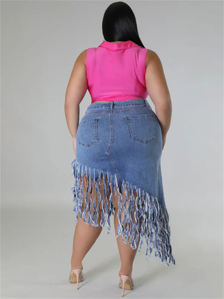 Fringed Plus Size Denim Skirt – Flattering & Stylish-Black-XL-State of Style