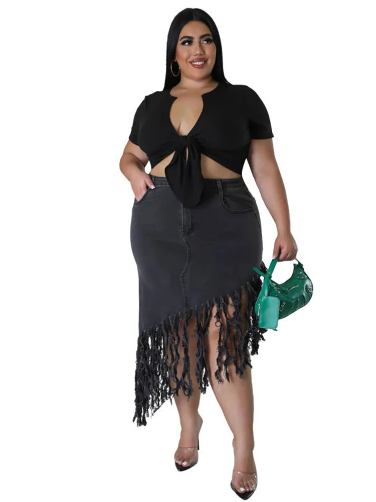Fringed Plus Size Denim Skirt – Flattering & Stylish-Black-XL-State of Style