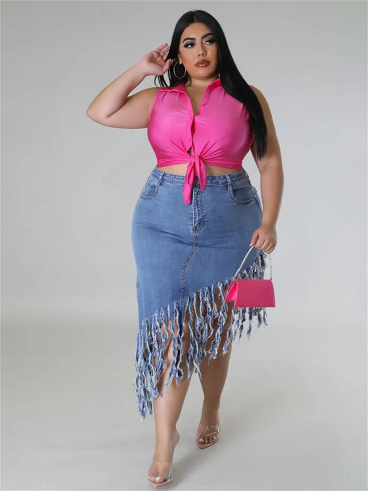 Fringed Plus Size Denim Skirt – Flattering & Stylish-Blue-XL-State of Style