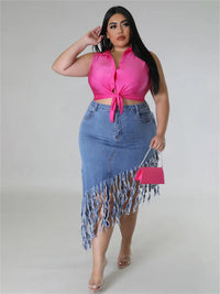 Fringed Plus Size Denim Skirt – Flattering & Stylish-Blue-XL-State of Style