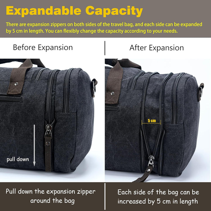 Expandable Canvas Weekender Duffel Bag – 40L to 50L Travel Carry On