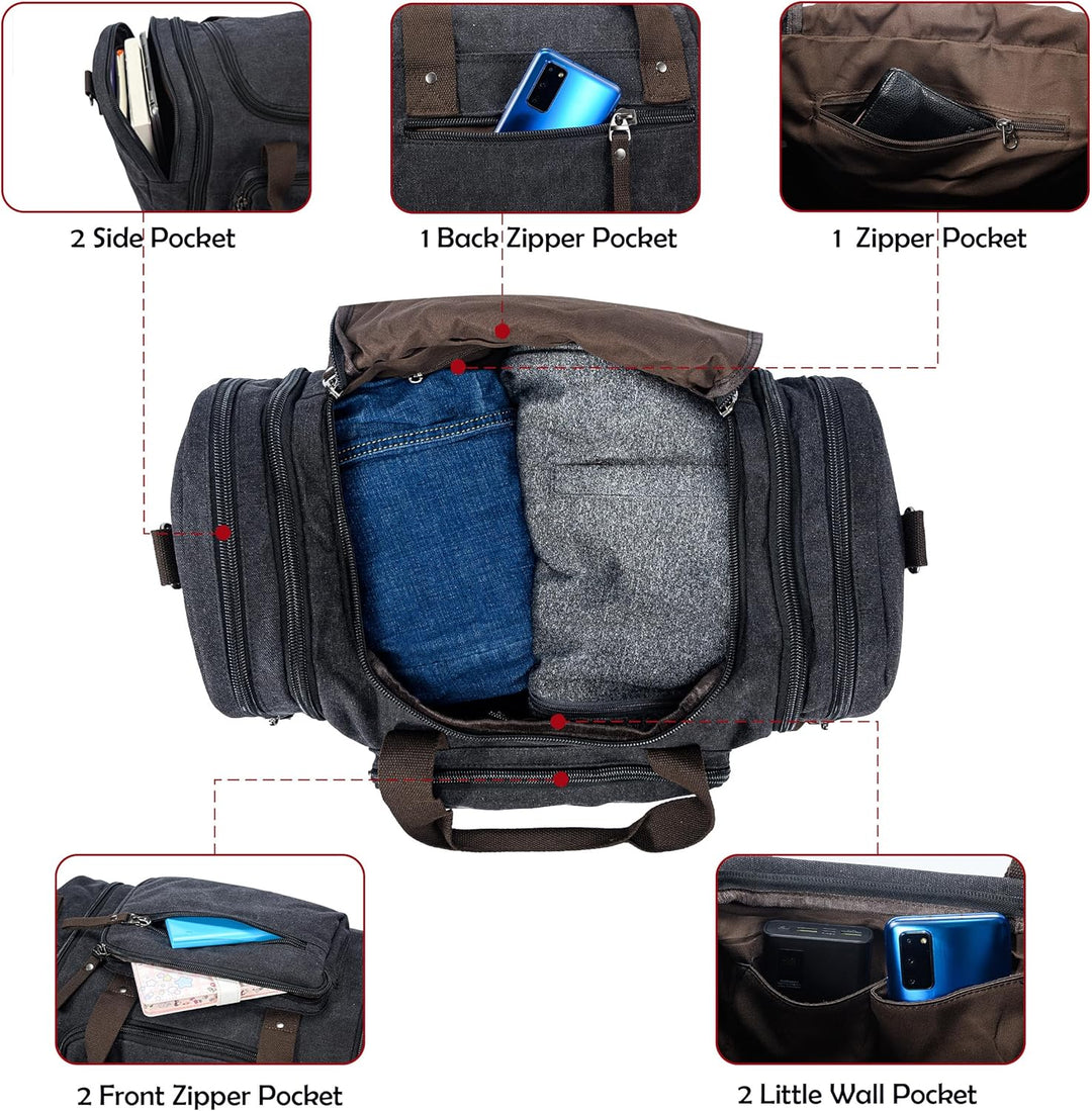 Expandable Canvas Weekender Duffel Bag – 40L to 50L Travel Carry On