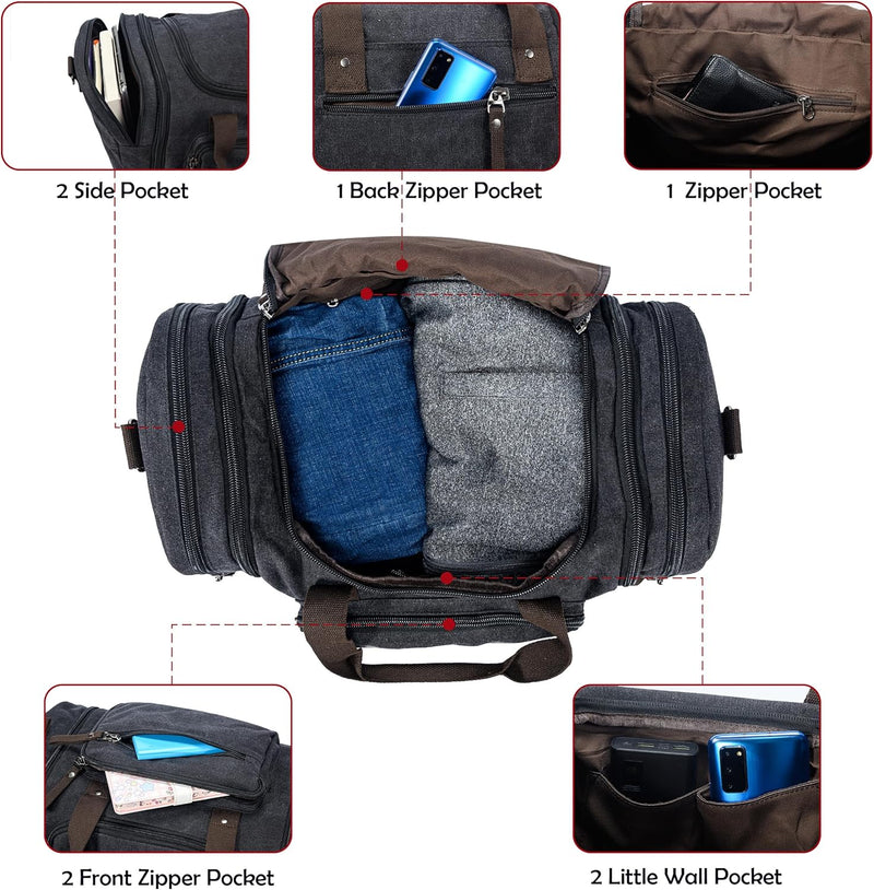 Expandable Canvas Weekender Duffel Bag – 40L to 50L Travel Carry On