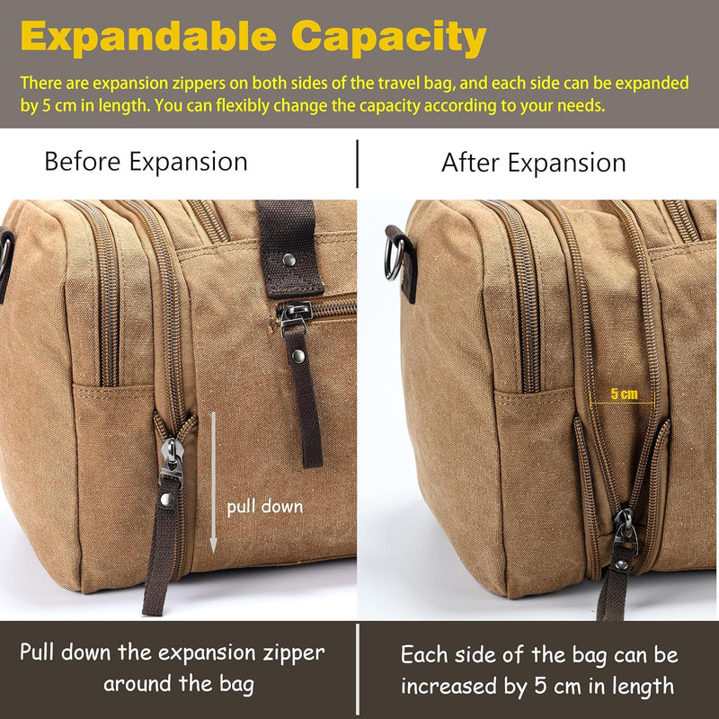 Expandable Canvas Weekender Duffel Bag – 40L to 50L Travel Carry On