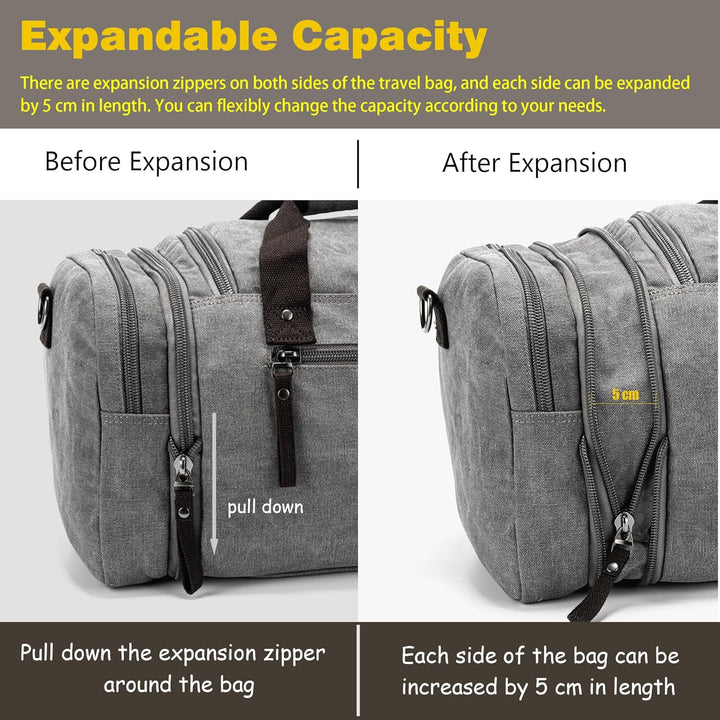 Expandable Canvas Weekender Duffel Bag – 40L to 50L Travel Carry On