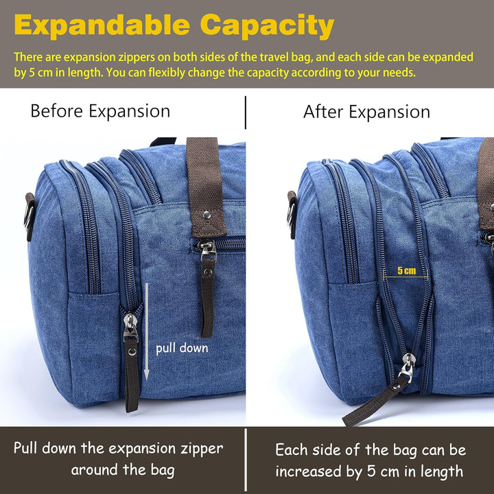 Expandable Canvas Weekender Duffel Bag – 40L to 50L Travel Carry On