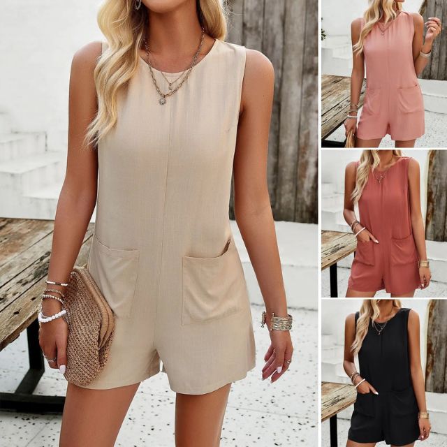Gabriella - Sleeveless Jumpsuit Shorts with Pockets-Pink-S-State of Style