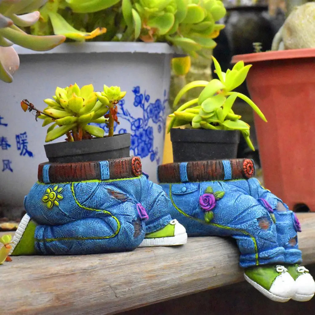 GardenBuddy Gardener Resin Succulent Pot Sculpture-Kneeling Denim Jeans-State of Style