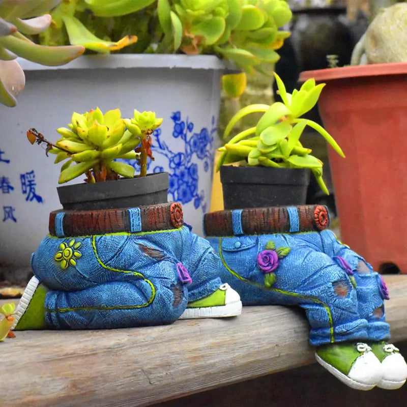 GardenBuddy Gardener Resin Succulent Pot Sculpture-Kneeling Denim Jeans-State of Style