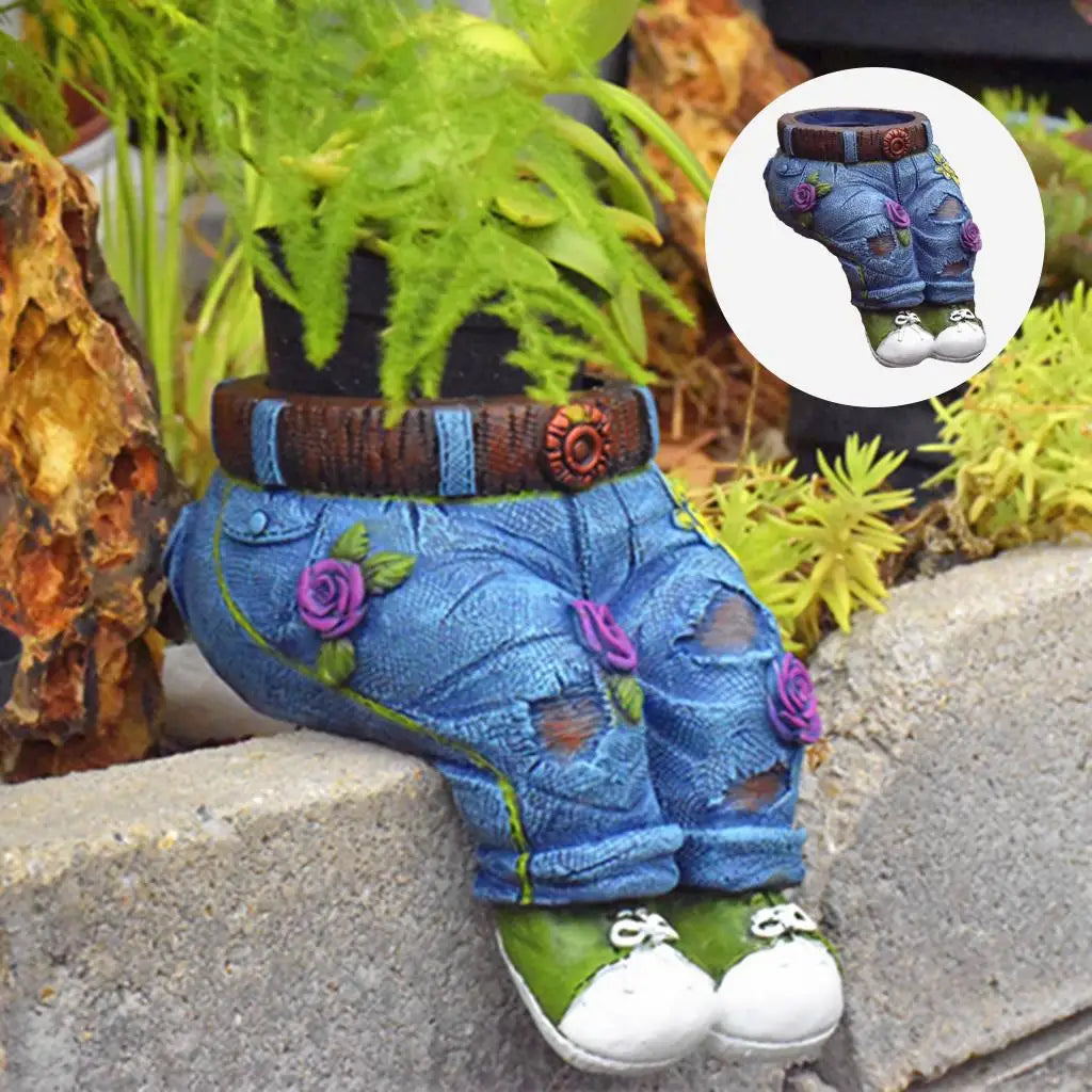 GardenBuddy Gardener Resin Succulent Pot Sculpture-Kneeling Denim Jeans-State of Style