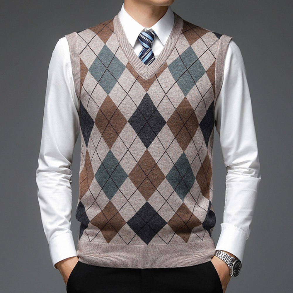 Gentlemen's Spencer with Stylish Argyle Pattern - Felix-Khaki-S-State of Style
