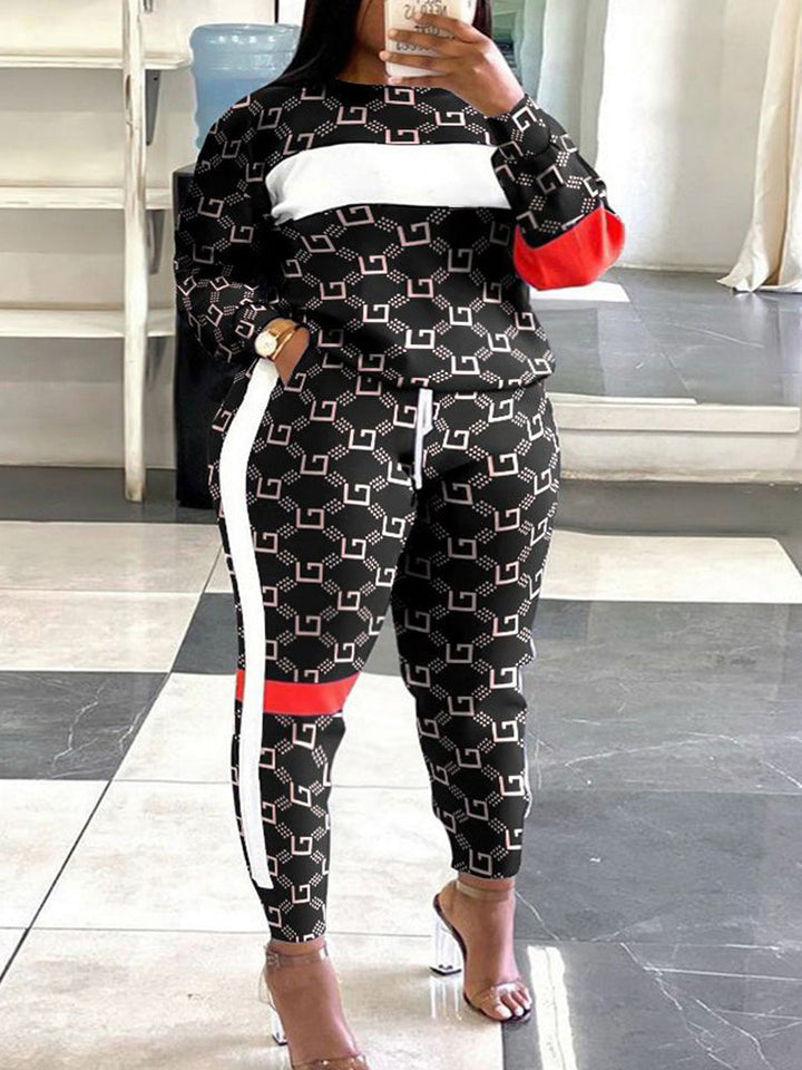 GeoBlock Sweatshirt & Striped Joggers Set – Plus Size Comfort-Grey-2XL-State of Style