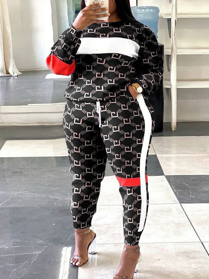 GeoBlock Sweatshirt & Striped Joggers Set – Plus Size Comfort-Grey-2XL-State of Style