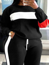 GeoBlock Sweatshirt & Striped Joggers Set – Plus Size Comfort-Grey-2XL-State of Style