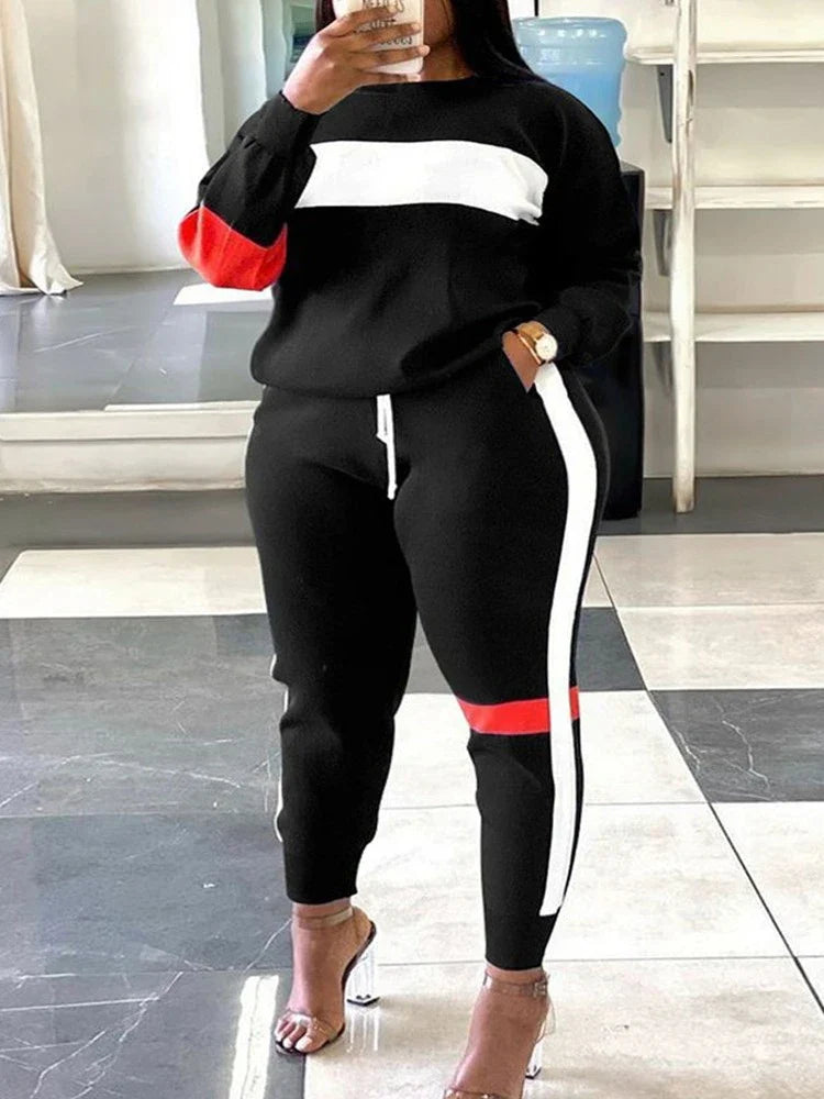 GeoBlock Sweatshirt & Striped Joggers Set – Plus Size Comfort-Grey-2XL-State of Style