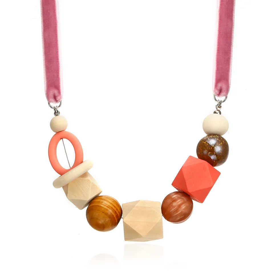 Geometric Pearl Wood Necklace | Modern Design-PINK-State of Style
