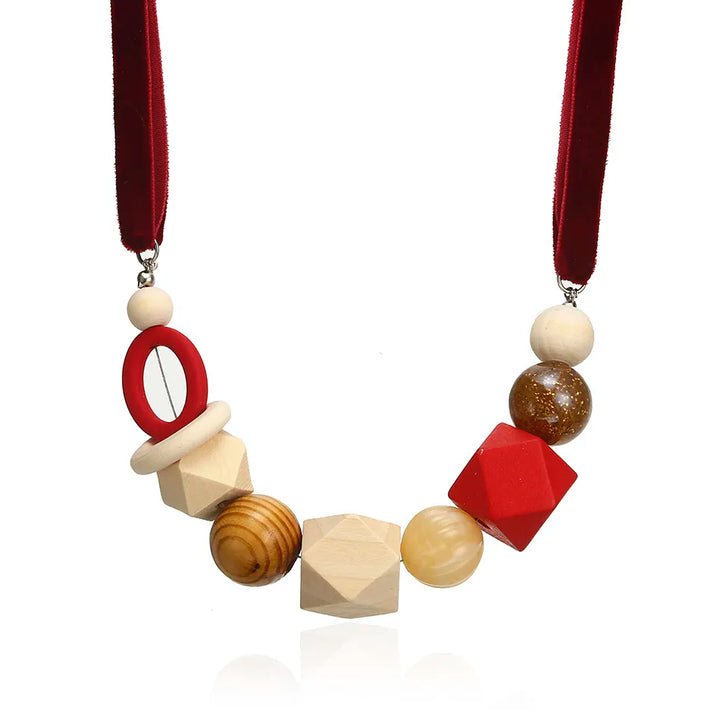 Geometric Pearl Wood Necklace | Modern Design-RED-State of Style