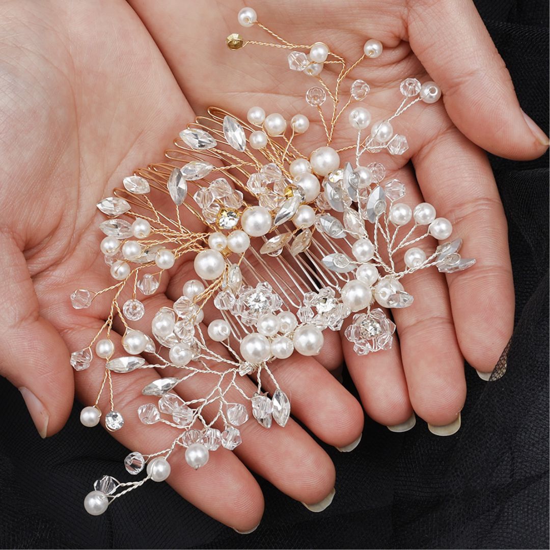 Geraldine Traditional Hair Accessory – Pearl & Crystal Leaf Tiara-Gold-State of Style