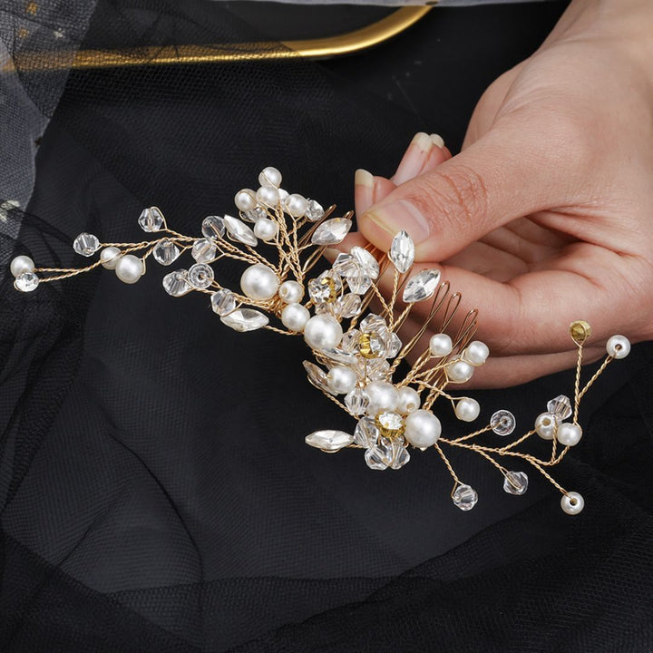 Geraldine Traditional Hair Accessory – Pearl & Crystal Leaf Tiara-Gold-State of Style