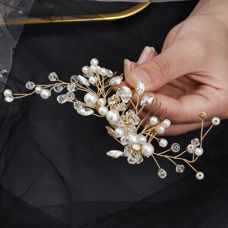 Geraldine Traditional Hair Accessory – Pearl & Crystal Leaf Tiara-Gold-State of Style