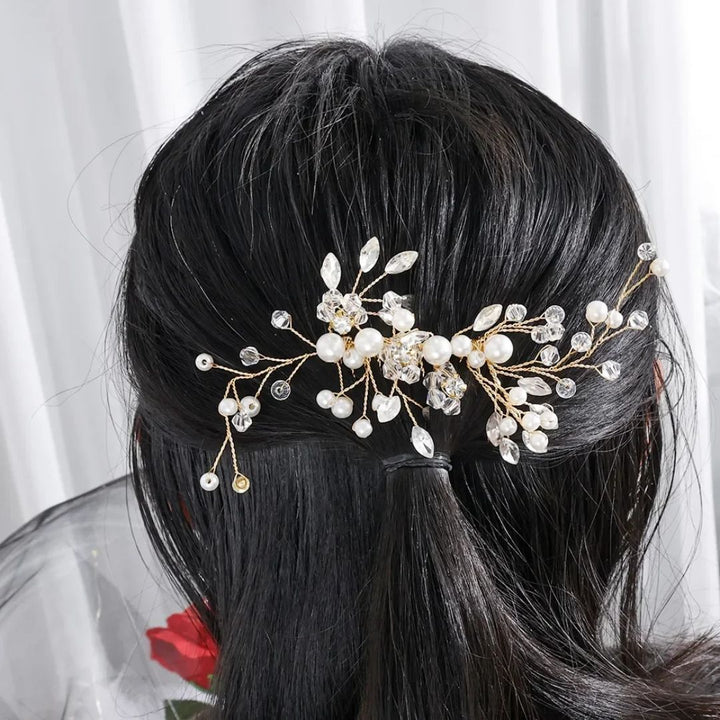 Geraldine Traditional Hair Accessory – Pearl & Crystal Leaf Tiara-Gold-State of Style
