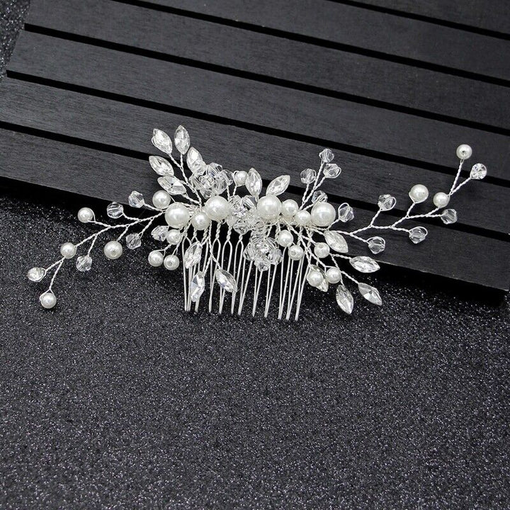 Geraldine Traditional Hair Accessory – Pearl & Crystal Leaf Tiara-Silver-State of Style