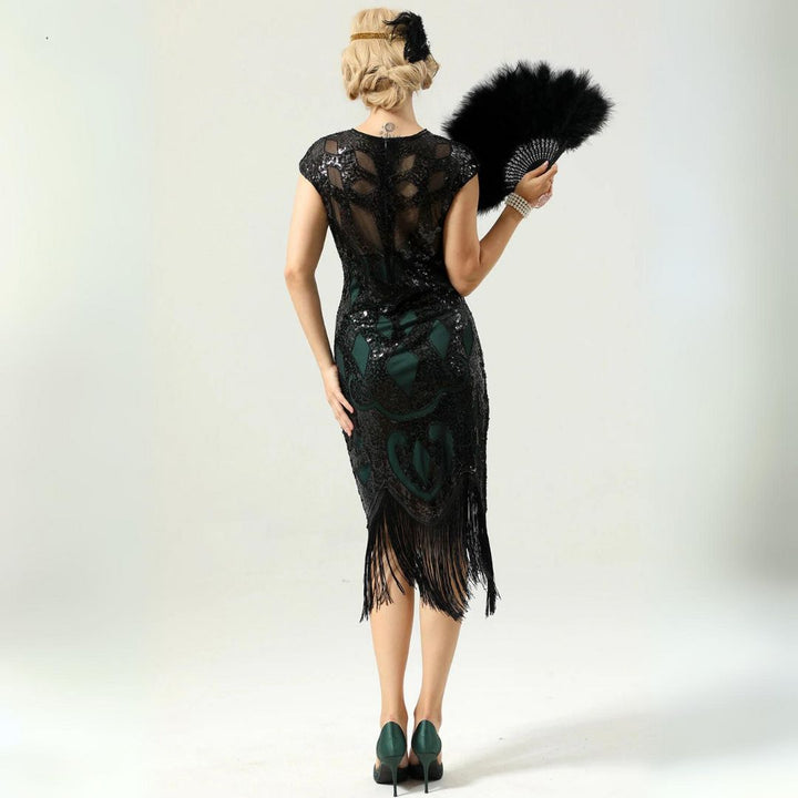 Glamorous 1920s Sequin Dress with Fringe | Party Ready-Black & Green-S-State of Style