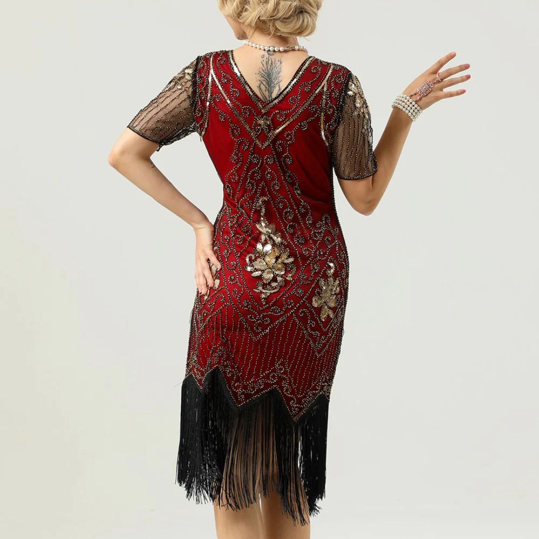 Glamorous Pearl Embellished Dress | 1920s Style | Elegant Sleeves-Apricot-S-State of Style