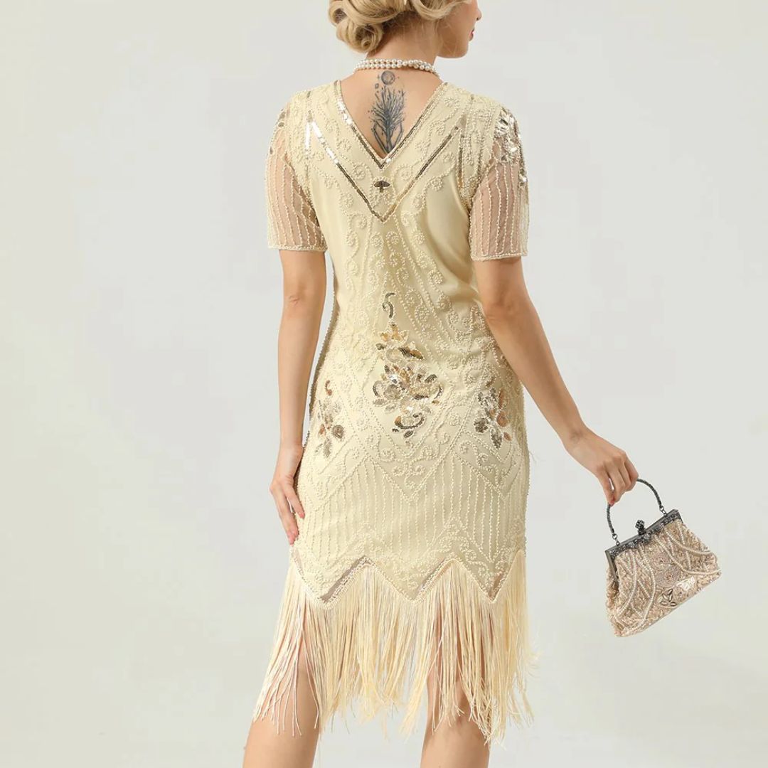 Glamorous Pearl Embellished Dress | 1920s Style | Elegant Sleeves-Apricot-S-State of Style