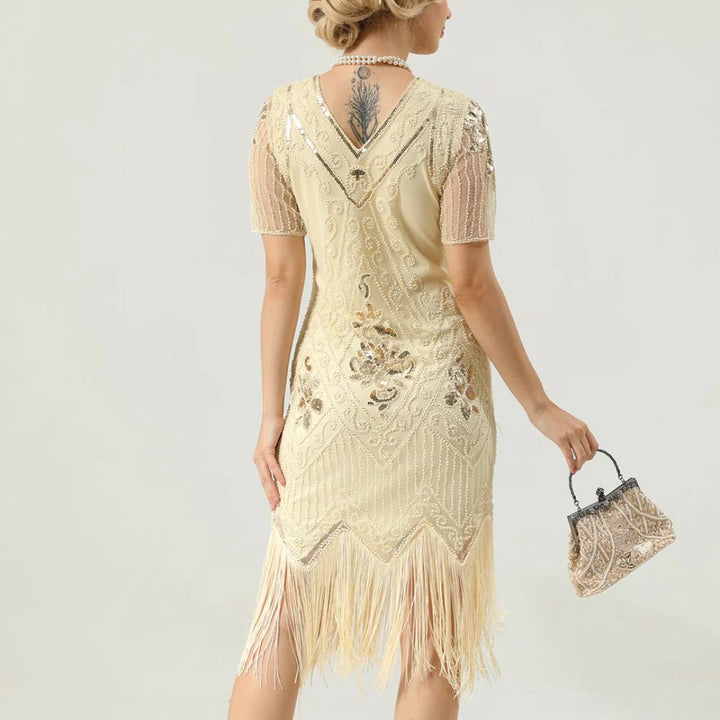 Glamorous Pearl Embellished Dress | 1920s Style | Elegant Sleeves-Apricot-S-State of Style