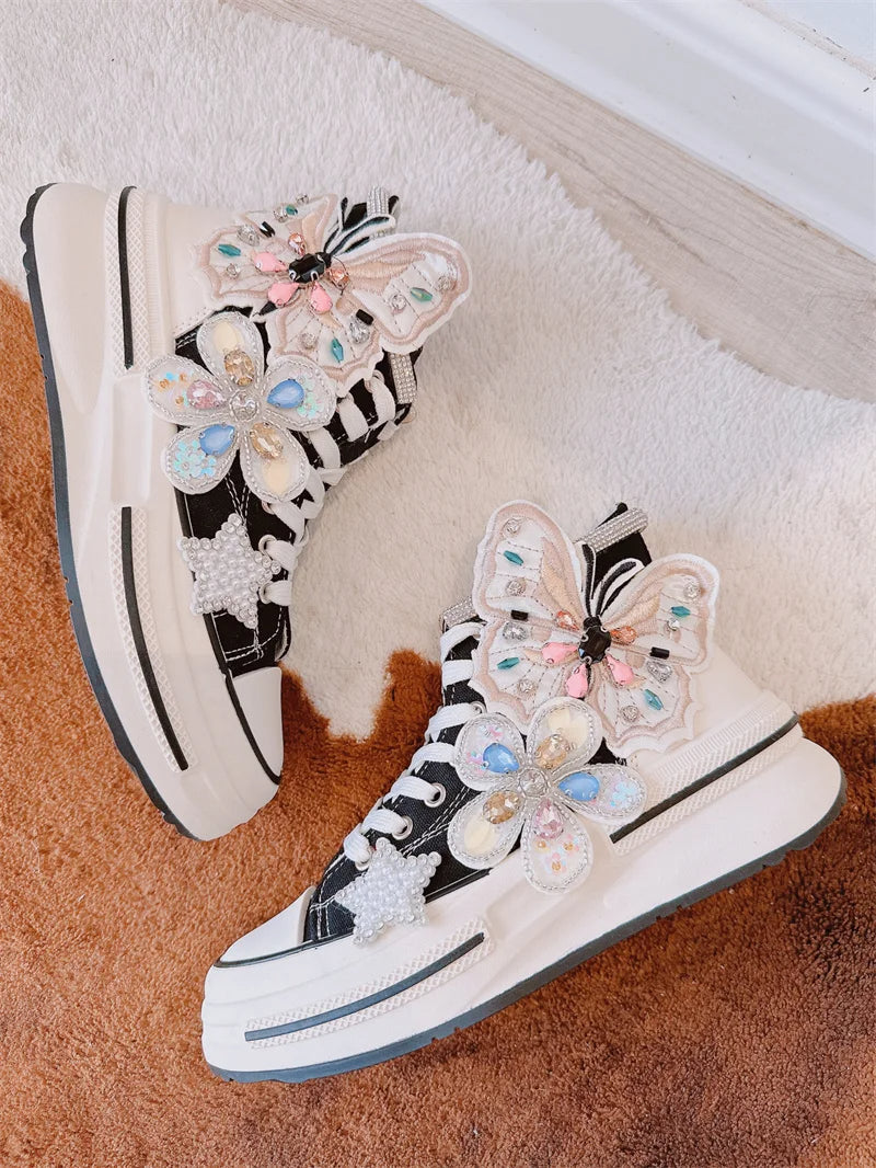 Glitter Galore Sneaks – High-Top Floral Butterfly Canvas Sneakers-6.0 (23.5cm)-State of Style