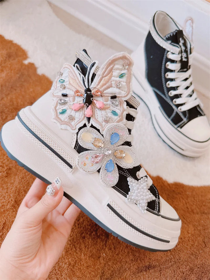 Glitter Galore Sneaks – High-Top Floral Butterfly Canvas Sneakers-6.0 (23.5cm)-State of Style