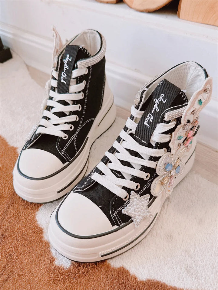 Glitter Galore Sneaks – High-Top Floral Butterfly Canvas Sneakers-6.0 (23.5cm)-State of Style