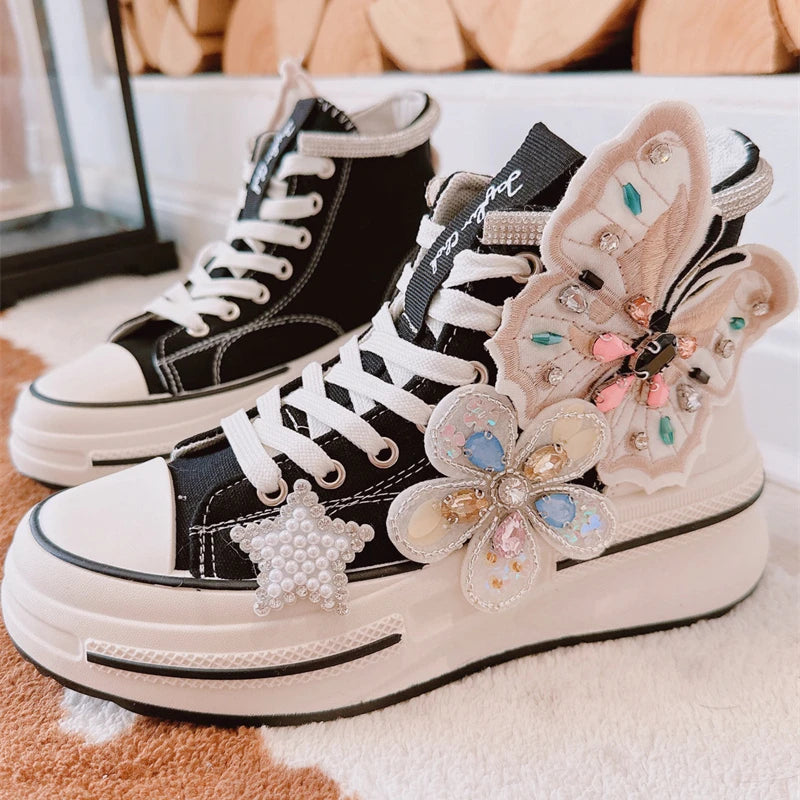 Glitter Galore Sneaks – High-Top Floral Butterfly Canvas Sneakers-6.0 (23.5cm)-State of Style
