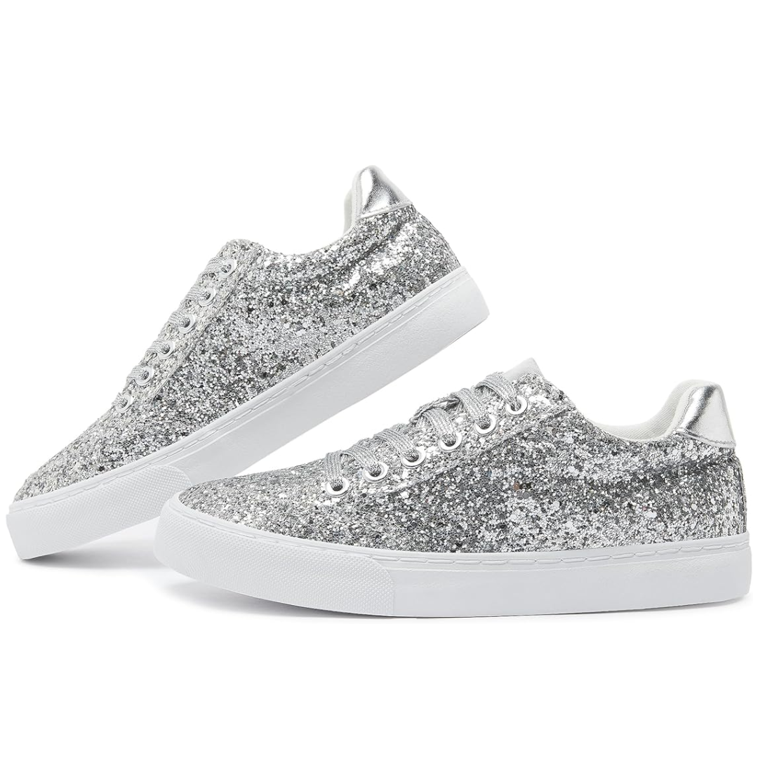 Glitter Sparkly Lace-up Sneakers - Anna-Silver-3.5-State of Style
