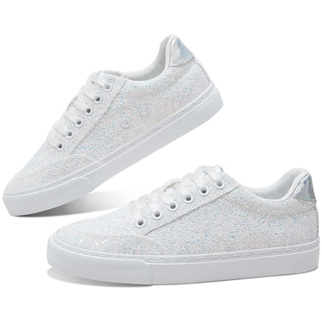 Glitter Sparkly Lace-up Sneakers - Anna-White-3.5-State of Style