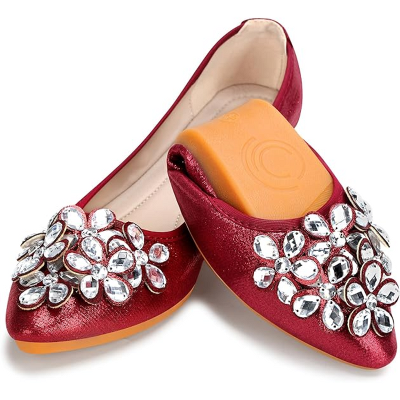 Glittering Rhinestone Ballerina Flats - Yelena-Red-3-State of Style