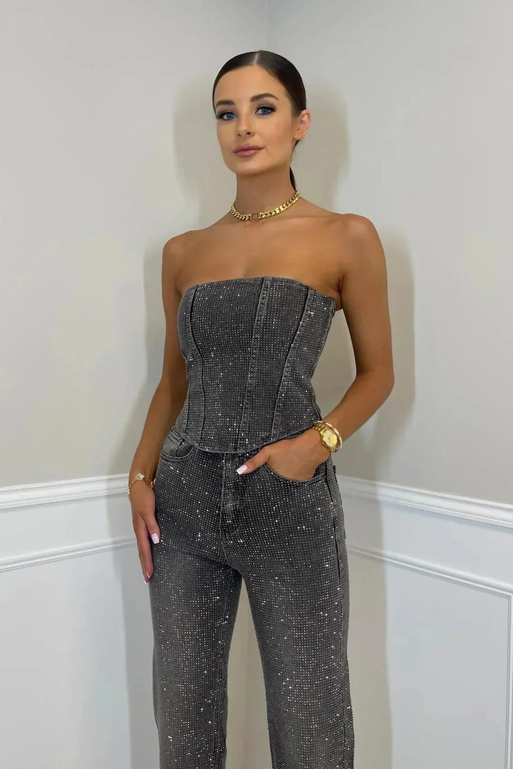 Glittering women's trouser set with high-waist jeans – Liora-Black-S-State of Style
