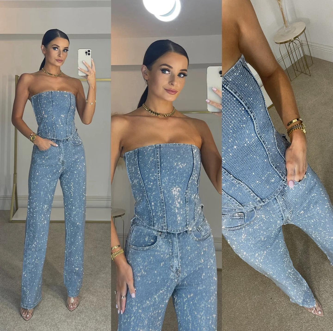 Glittering women's trouser set with high-waist jeans – Liora-Black-S-State of Style