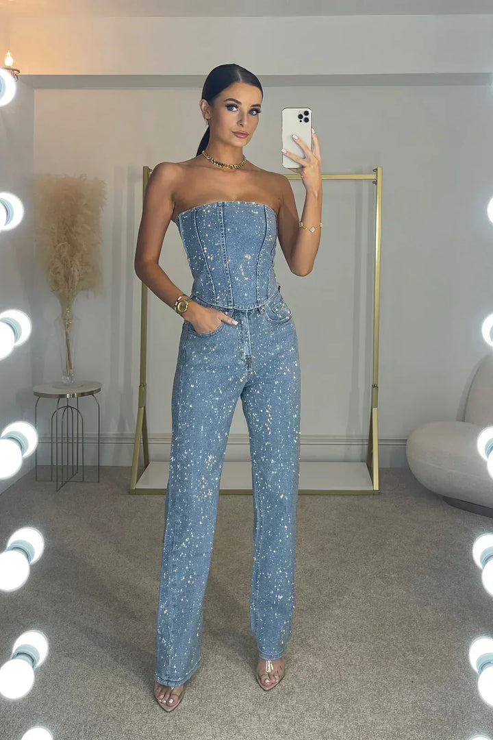 Glittering women's trouser set with high-waist jeans – Liora-Denim-S-State of Style