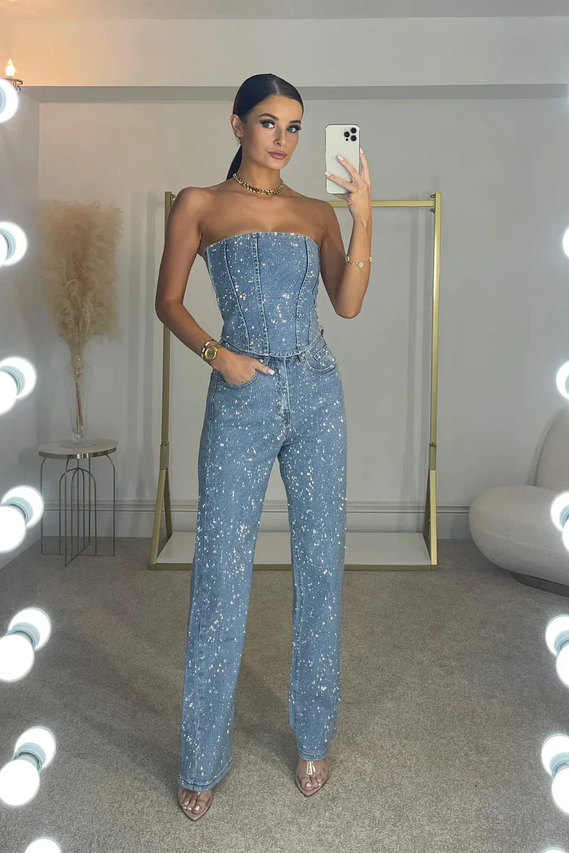 Glittering women's trouser set with high-waist jeans – Liora-Denim-S-State of Style