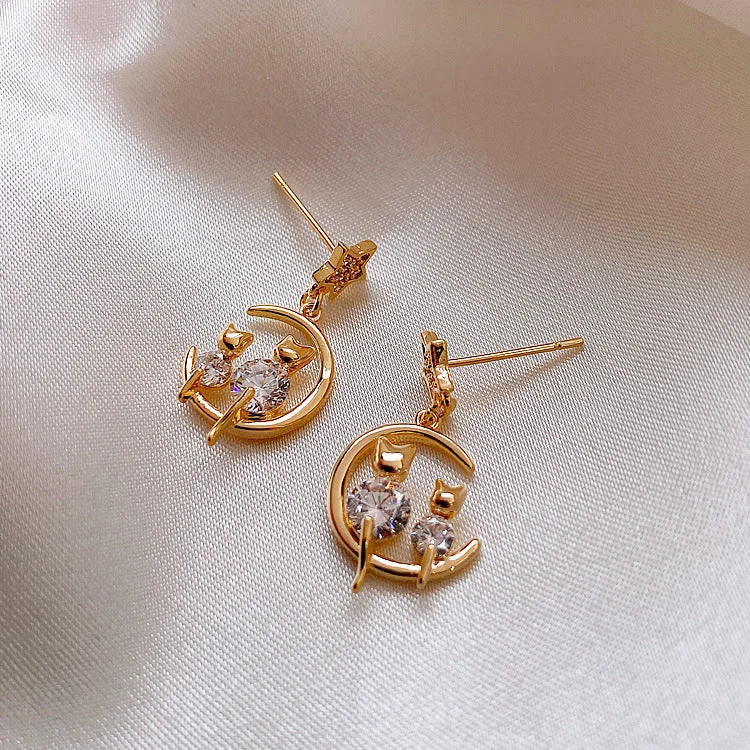 Gold Cat Ear Earrings with Zirconia - Feline-State of Style