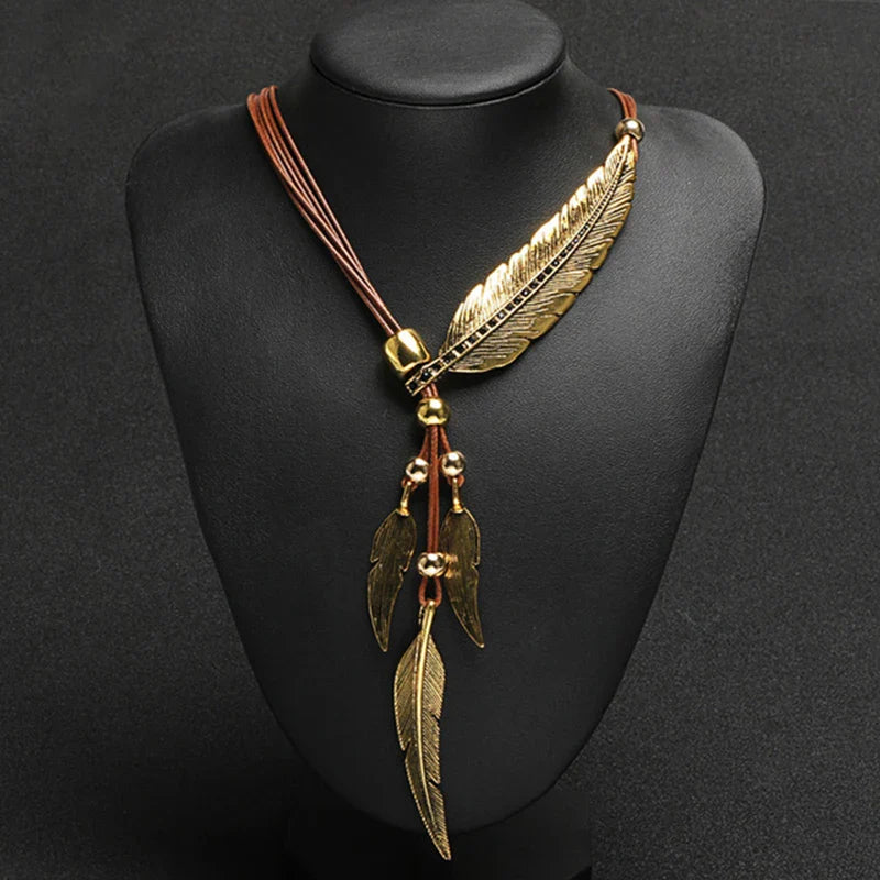 Gold Feather Necklace | Boho Style Jewellery-GOLD-BROWN-State of Style