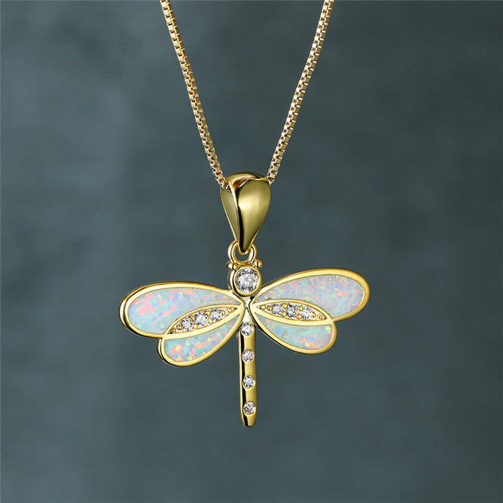 Golden Dragonfly Necklace with Opal - Isolde-White-State of Style