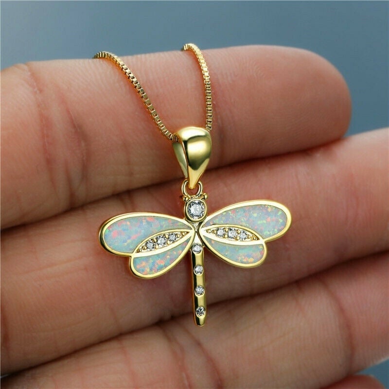 Golden Dragonfly Necklace with Opal - Isolde-White-State of Style