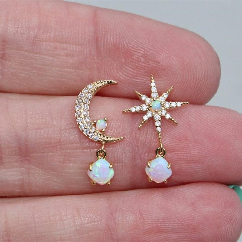 Golden Moon and Star Earrings with Opal - Aurora-State of Style